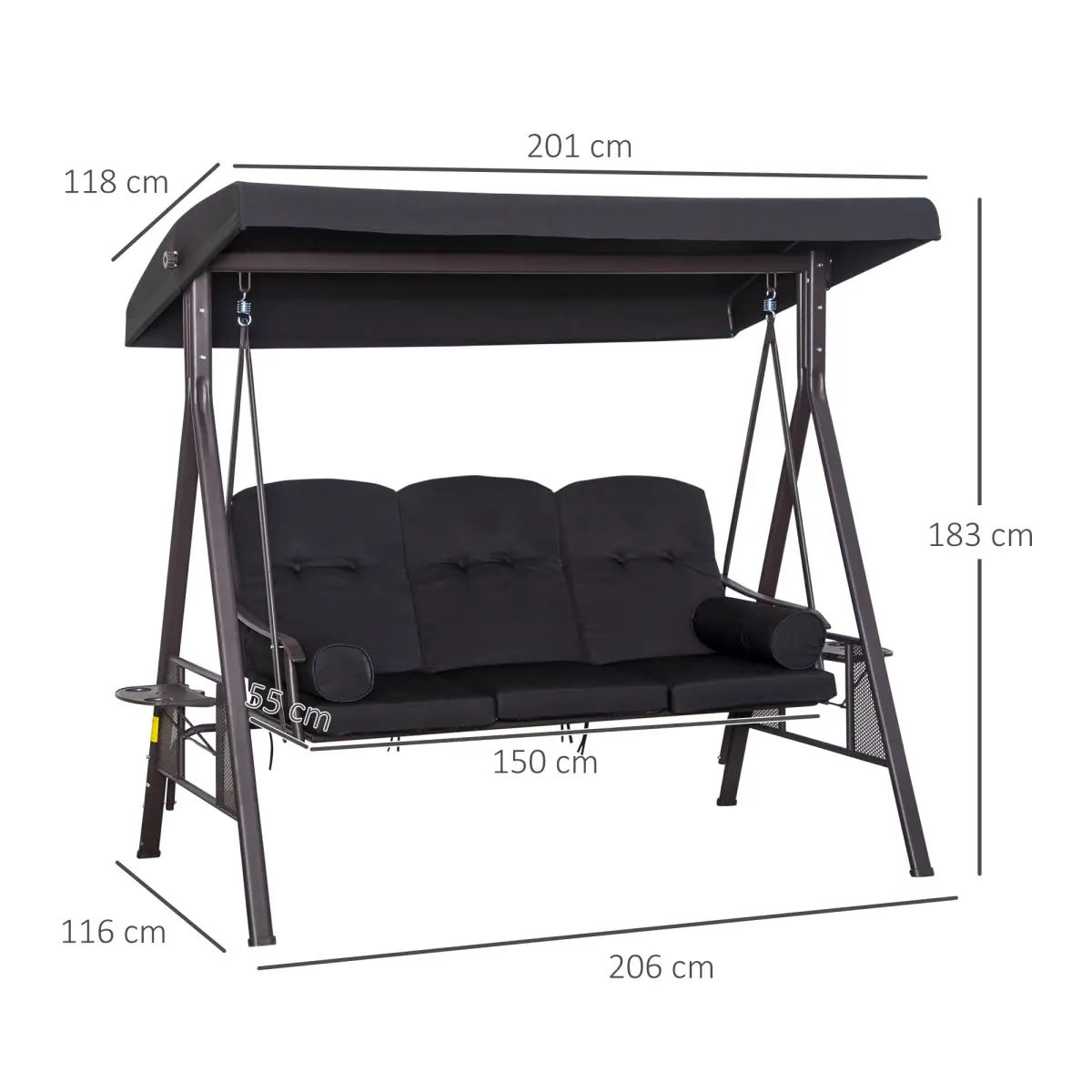 Outsunny Outsunny 3 Seater Garden Swing Chair Patio Swing Bench w/ Cup Trays Black - Hammocks