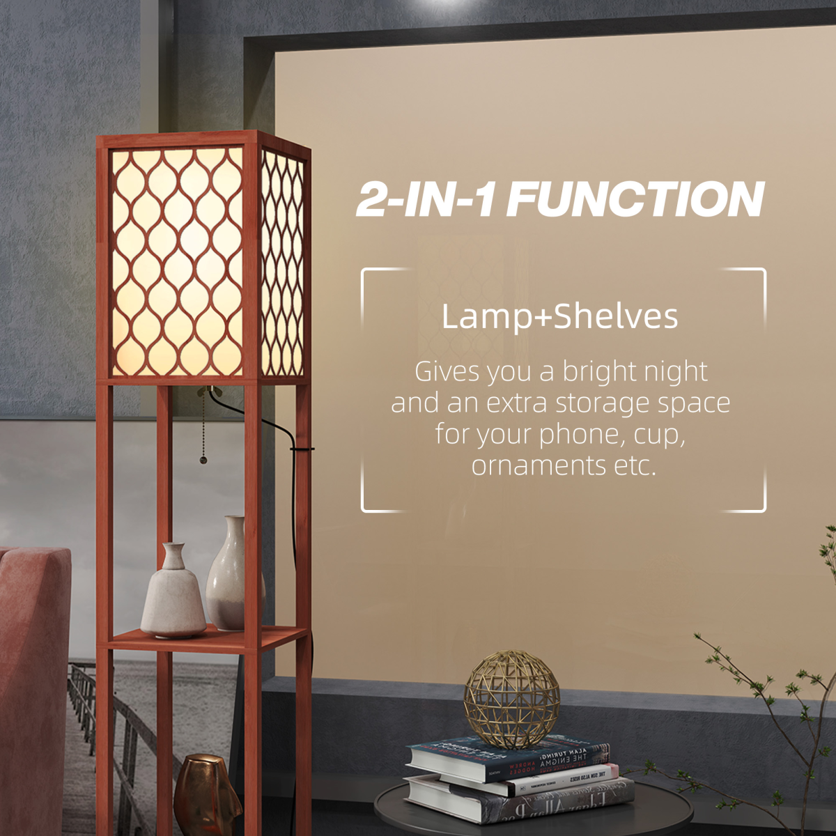HOMCOM 2-Light Modern Floor Lamp with Shelves for Living Room, Bedroom, Brown adds style and function to your space.