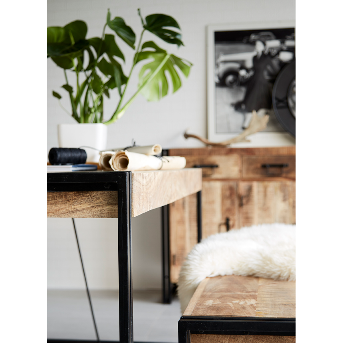 Cosmo Dining Table Medium Solid Mango Wood Metal For Home - Indian Hub - Home Symphony