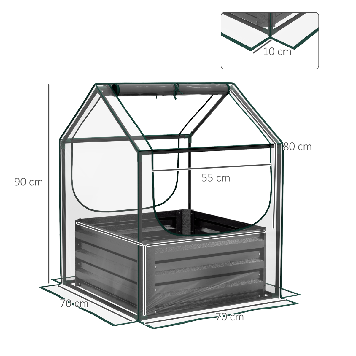 Outsunny raised garden bed and 10 cm edge greenhouse: galvanised steel base with clear cover for soil contact.
