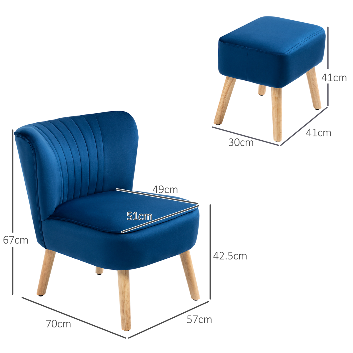 Lux Velvet Accent Chair With Ottoman Compact Velvet Home in navy from Home Symphony with wood legs.