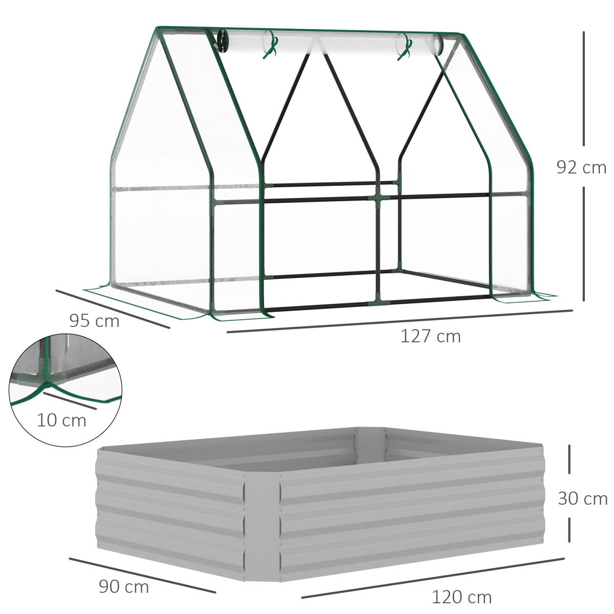 Premium steel raised garden box dual-use greenhouse kit: greenhouse frame and 120x90 cm raised bed.