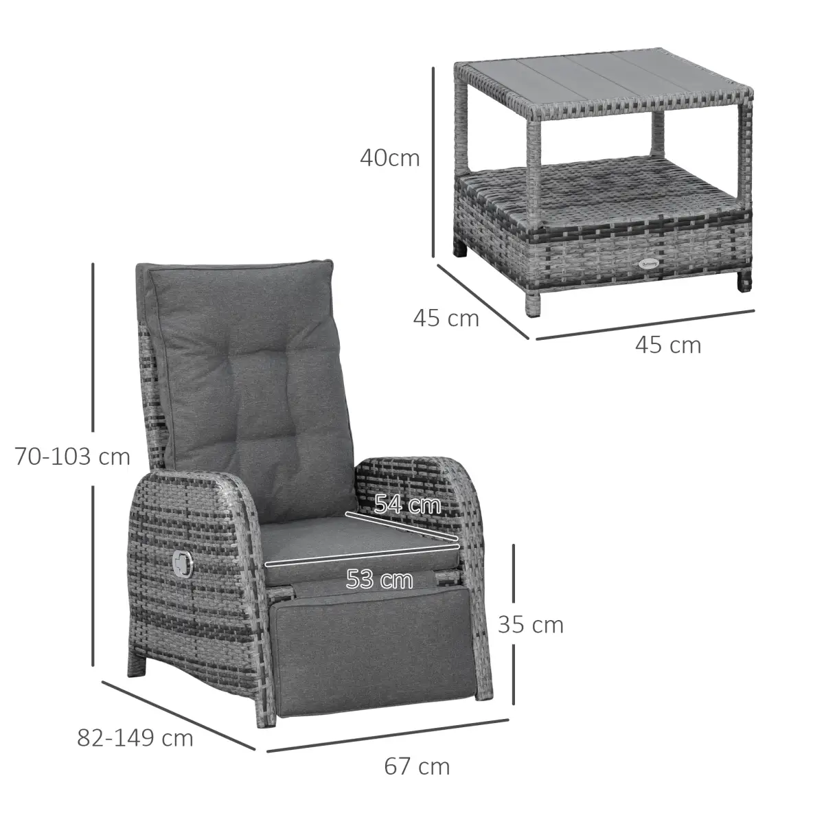 Outsunny 3 Pcs Rattan Chaise Lounge Sofa Set Bistro & Cushion Mixed Grey - Garden Sofa Sets