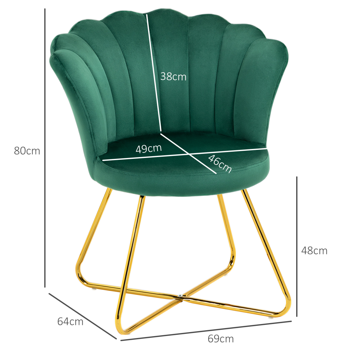 Green velvet HOMCOM Lotus Backrest accent chair with scalloped lotus back, gold metal legs for living room.
