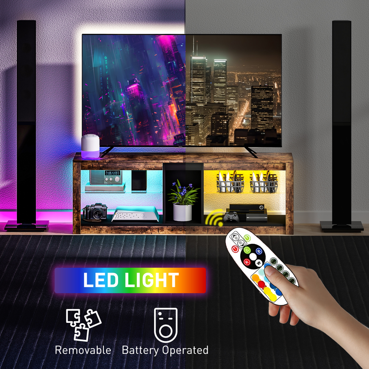 HOMCOM TV Stand 140cm Top LED Lights Living Room Unit with storage for up to 65-inch TVs and removable LED strips.