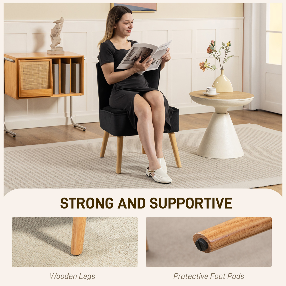 HOMCOM Velvet Tub Chair Compact Padding For Living Room in a living room; armless chair with wooden legs, woman reading.