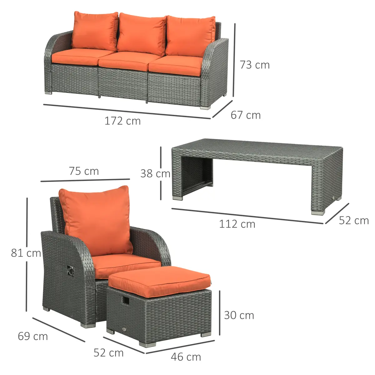 Outsunny Outsunny 6pc Padded Outdoor Rattan Wicker 3-Seat Sofa Recliner Footstool Table - Garden Set