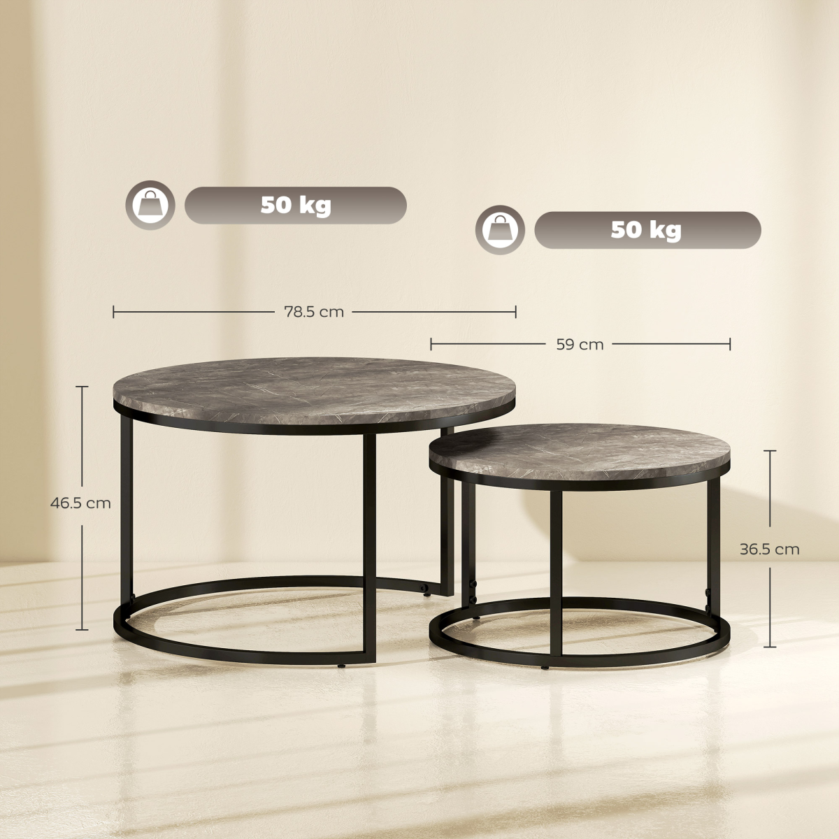 HOMCOM Two Piece Stacking Coffee Tables Set Large And Small Marble Effect MDF Tops Steel Frame With Foot Pads For Living Room