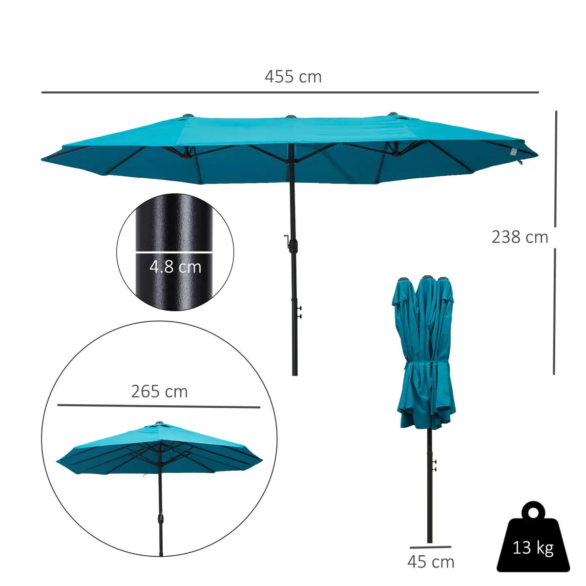 Outsunny Outsunny 4.6M Garden Patio Umbrella Canopy Parasol Sun Shade w/o Base Blue - Parasol