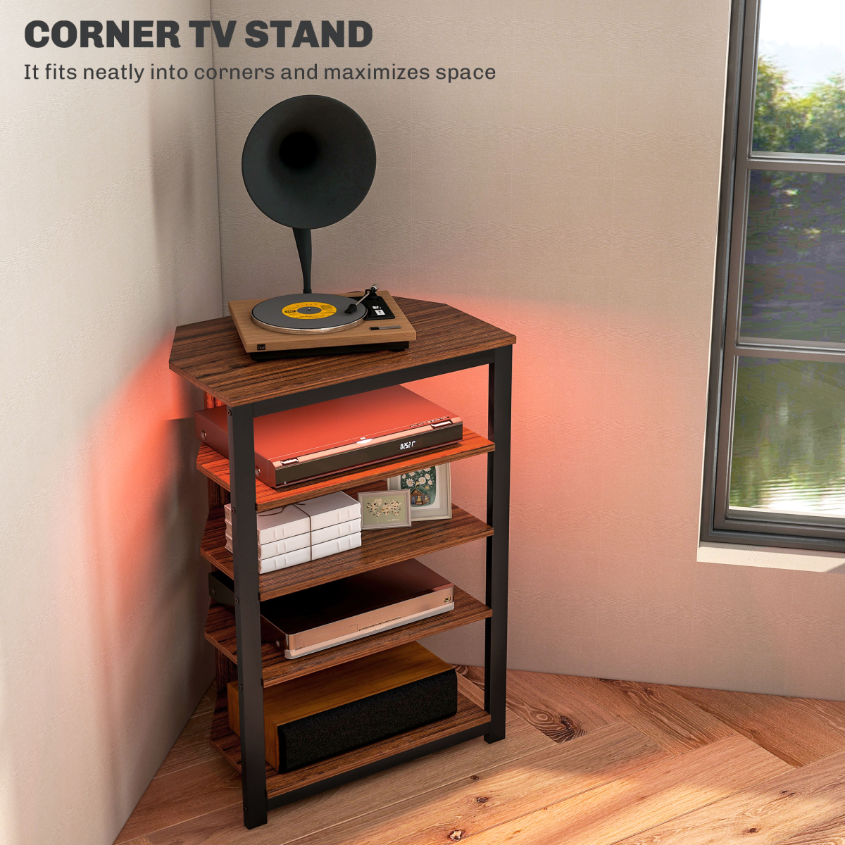HOMCOM corner TV stand with four open shelves and RGB LED lighting for a 29-inch TV.