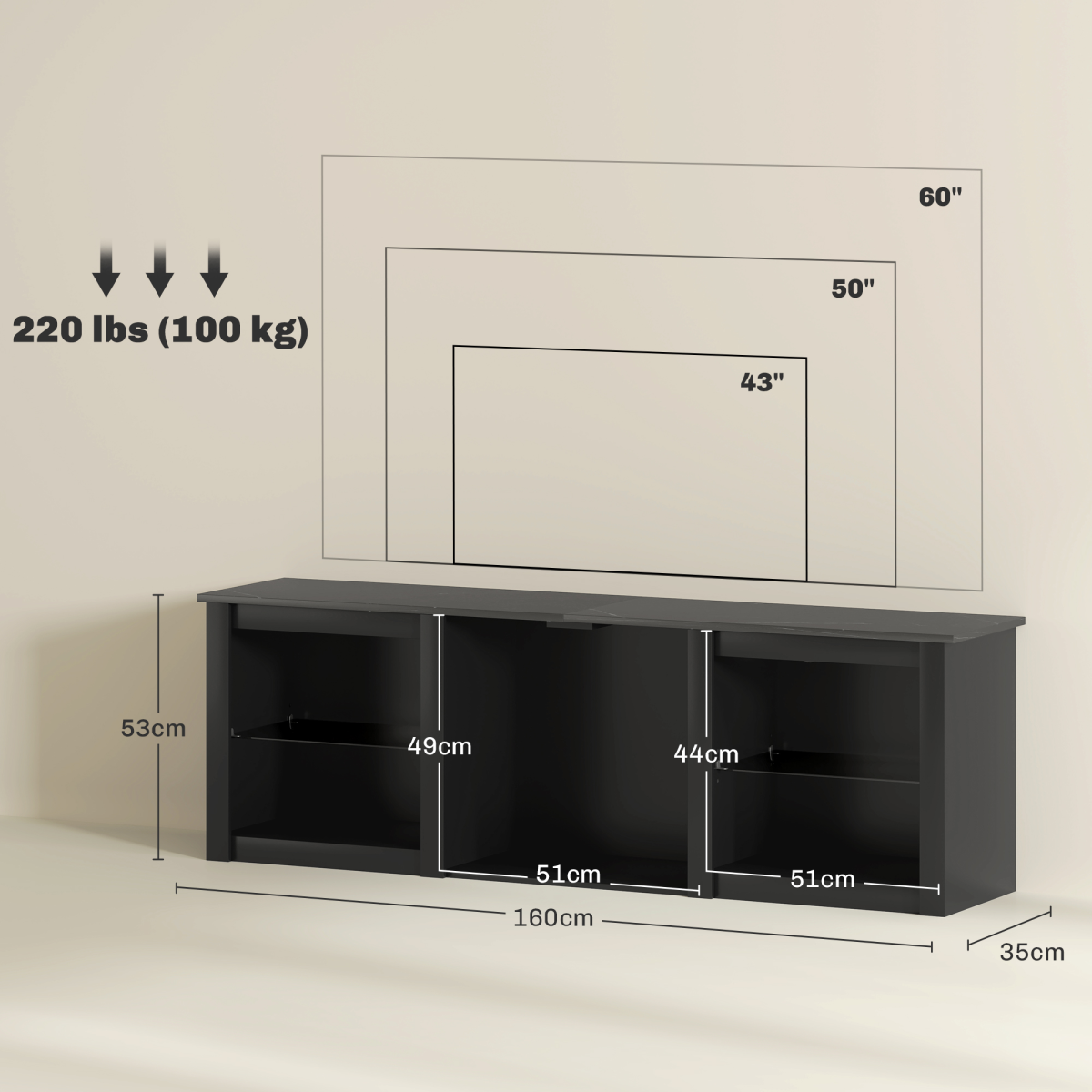 HOMCOM 160cm black TV unit with marble finish and LED lighting for 65-inch TVs; three storage compartments.