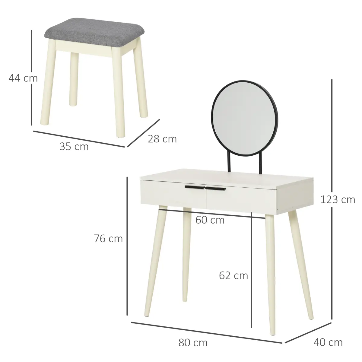HOMCOM Dressing Table Vanity Set Makeup Desk with Round Mirror Cushioned Stool White - Desk