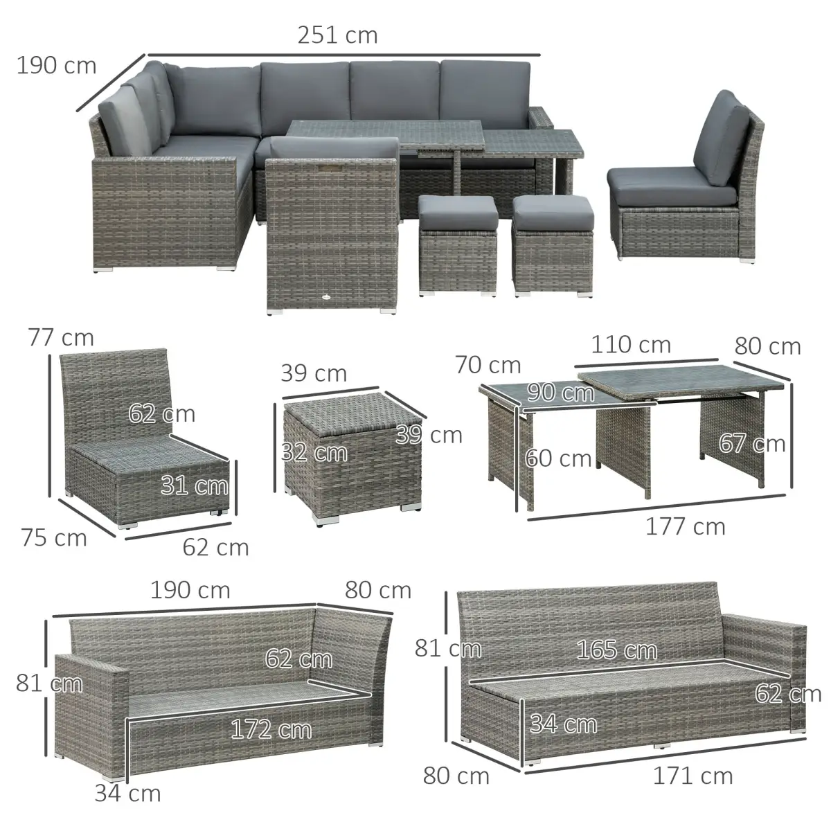 Outsunny Outsunny 10-Seater Sofa Sectional W/ Cushioned Seat, Footstools and Glass Table - Garden Sofa Sets