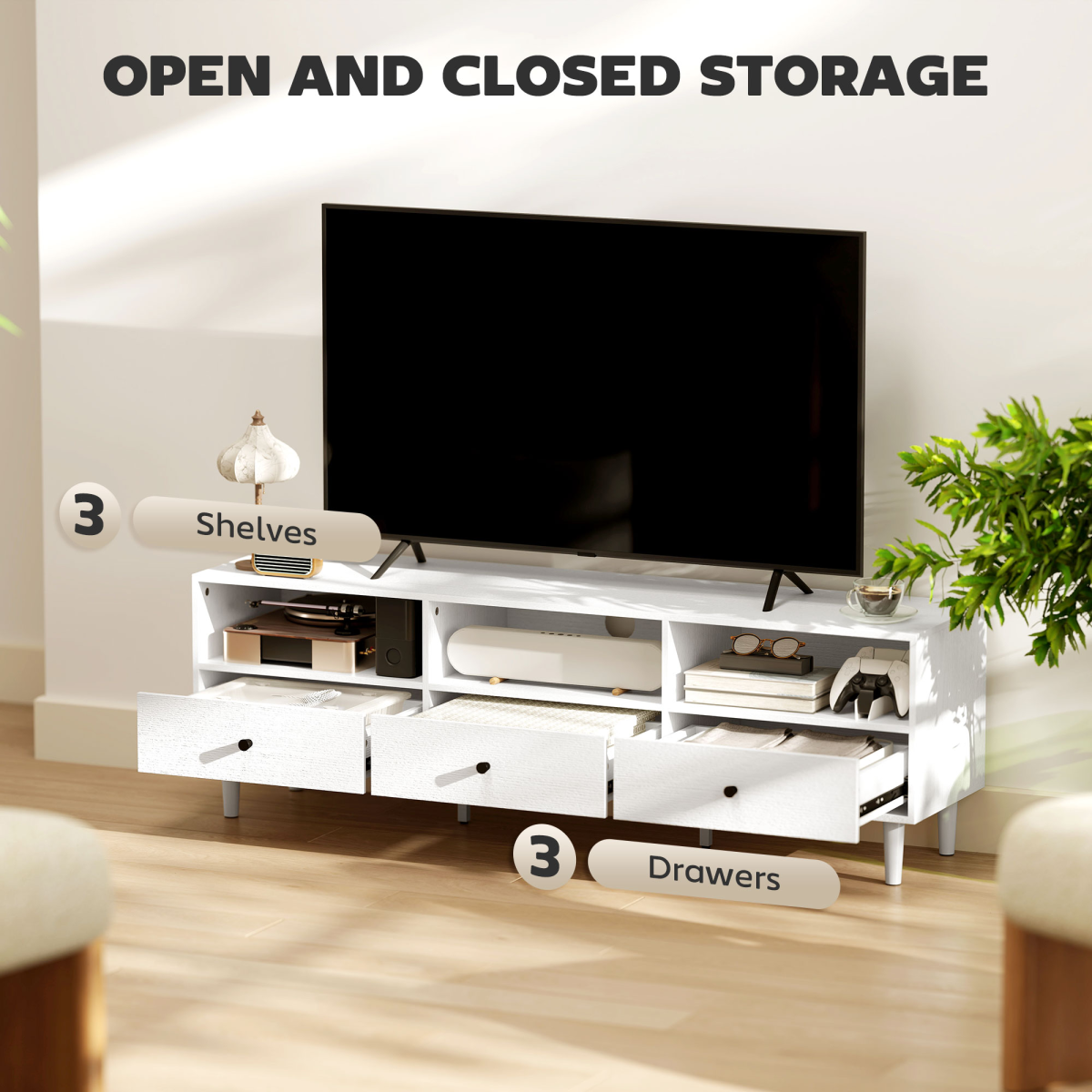 HOMCOM 75-Inch TV unit with three drawers and three open shelves in white, supports up to 75-inch TVs.