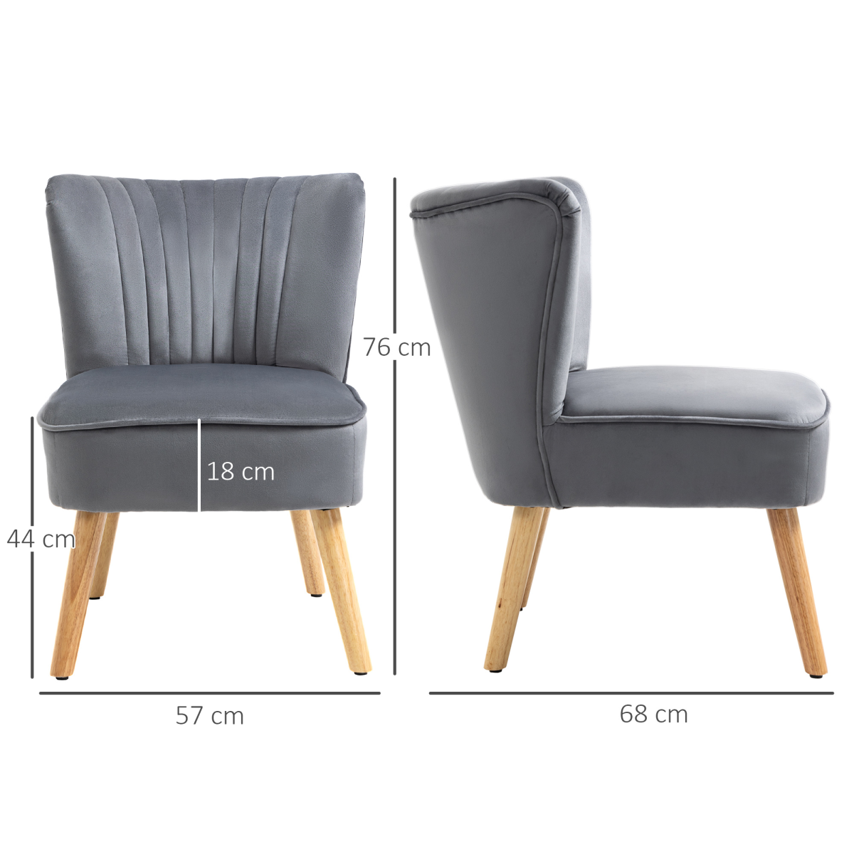 HOMCOM Velvet Accent Tub Chair Soft Upholstery Living Room in grey velvet with wooden legs, armless tub silhouette.