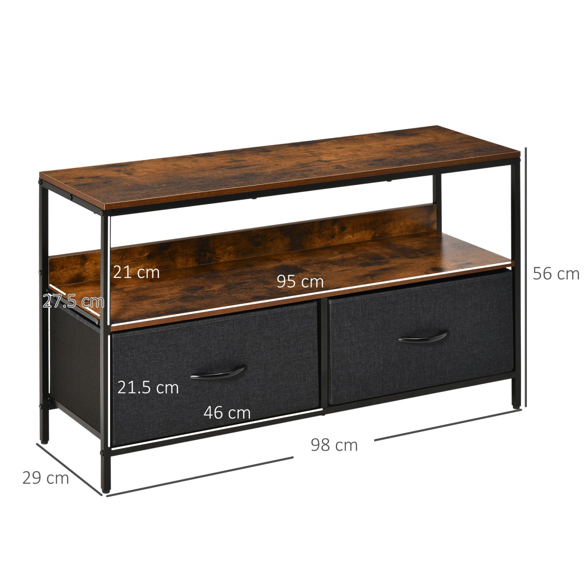 HOMCOM TV Console with wide wood-look top, open shelf, two foldable linen drawers, and metal frame for living room