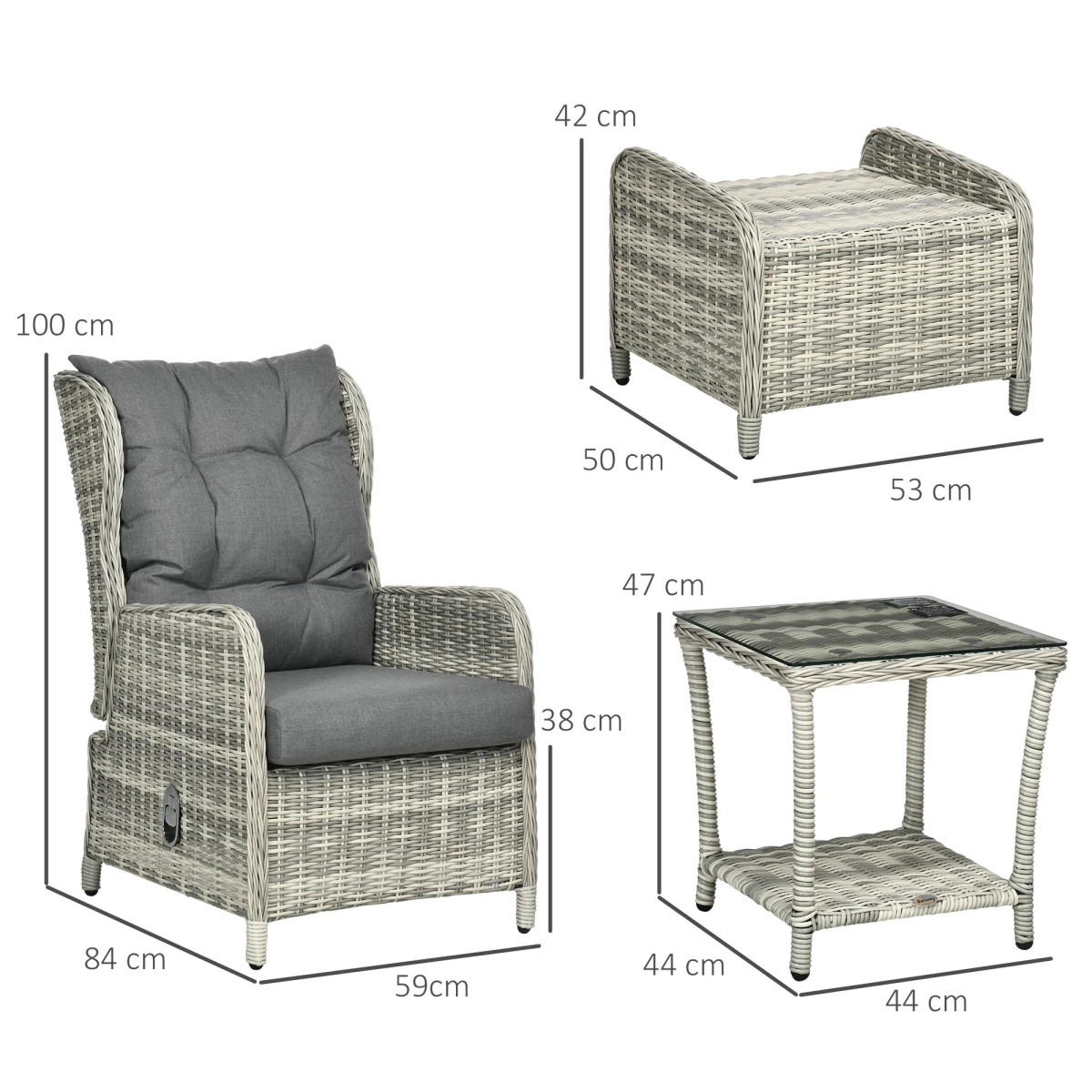 Outsunny Recliner Rattan Sun Lounger Set 5-Piece Cushions And Two-Tier Table Mixed Grey Outdoor Patio by Outsunny