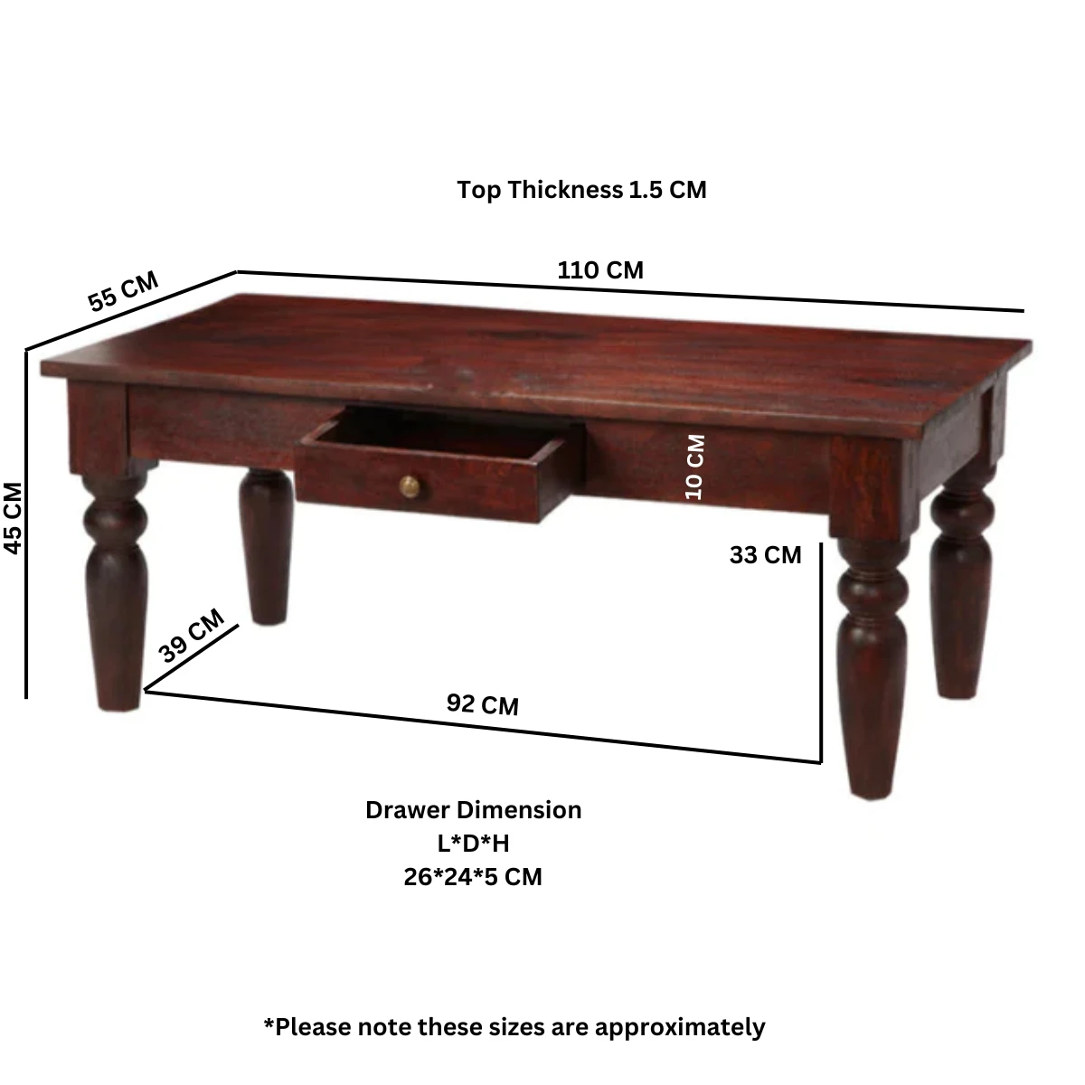 Indian Hub Jaipur Coffee Table 26x25x5 cm Dark Mahogany Finish Brass Drawer for Traditional Homes - Coffee Table
