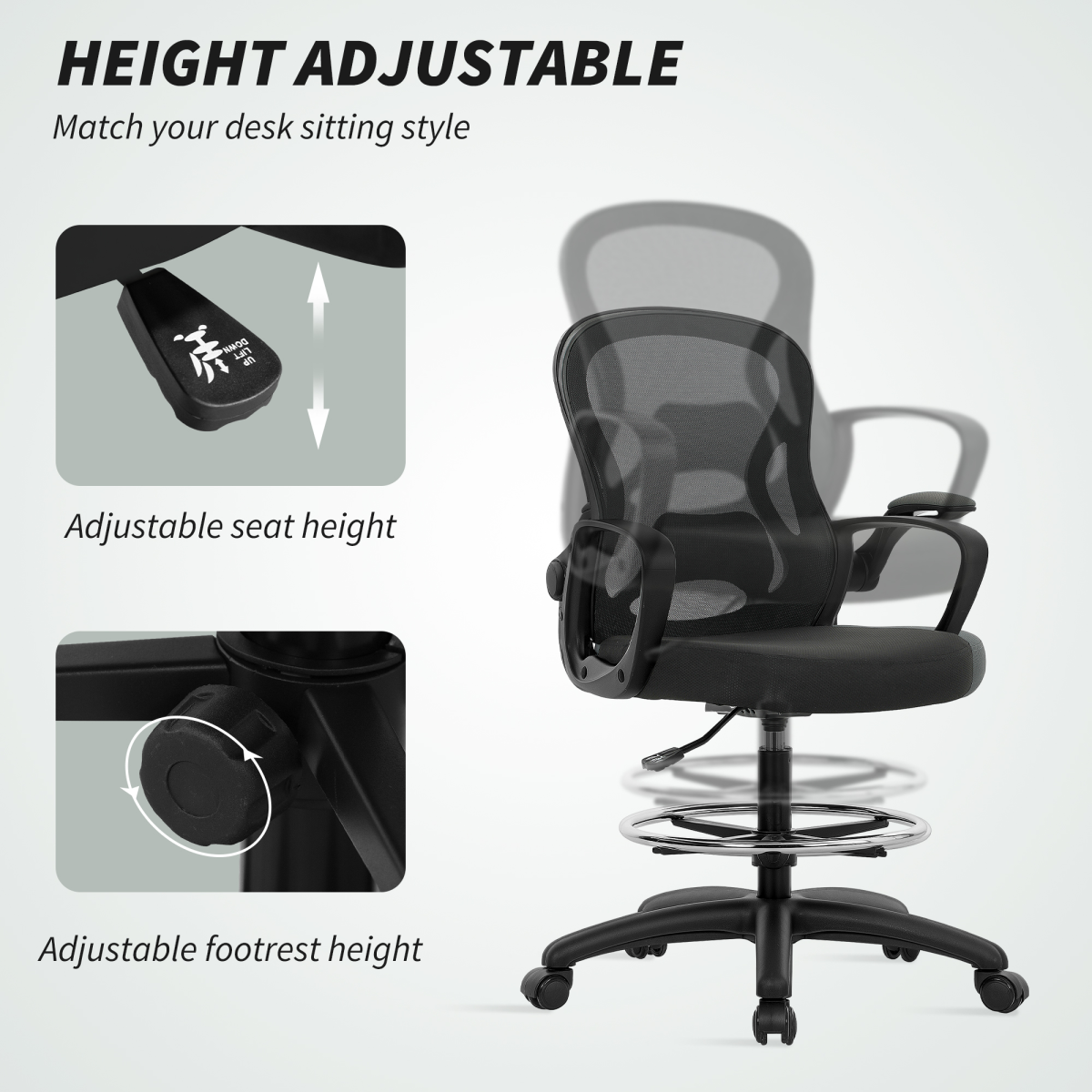 Vinsetto Mesh Office Chair Adjustable Height With Lumbar Support For Home Office Use
