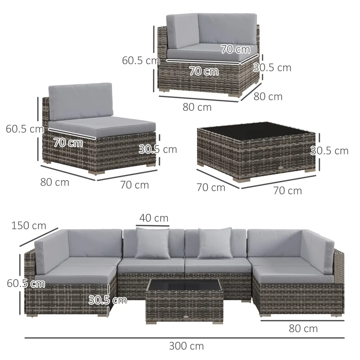 Outsunny Outsunny 7PC Rattan Garden Furniture Set Coffee Table Buckle Structure, Grey - Garden Sofa Sets
