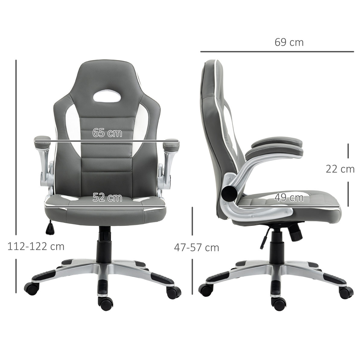 Home Symphony Elite Racing Chair 112-122cm Adjustable Flip Armrests Gamers with grey upholstery and white accents.