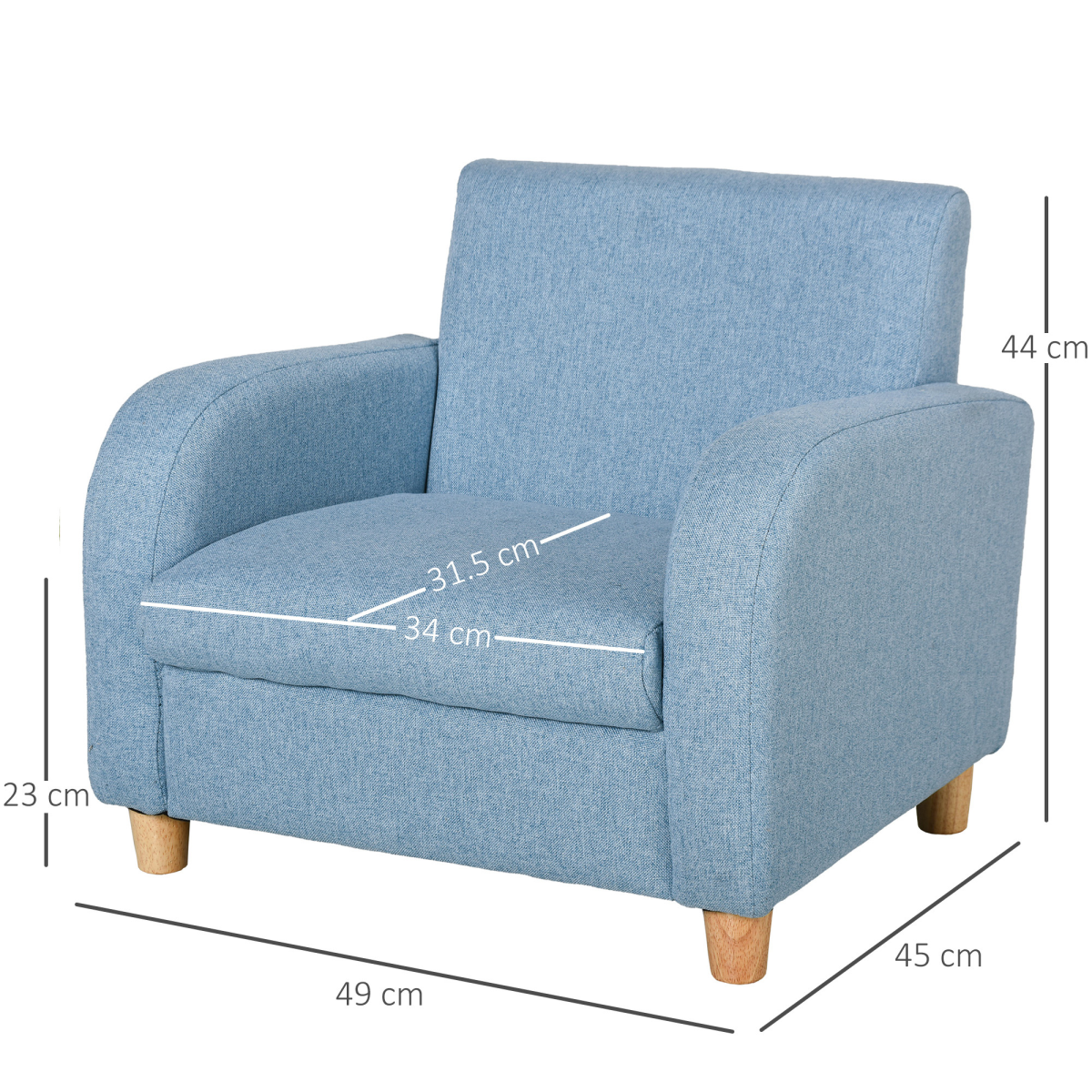 Blue cushioned kids armchair with wood frame and short natural legs, for ages 3-6, 49L x 45W x 44.5H cm.