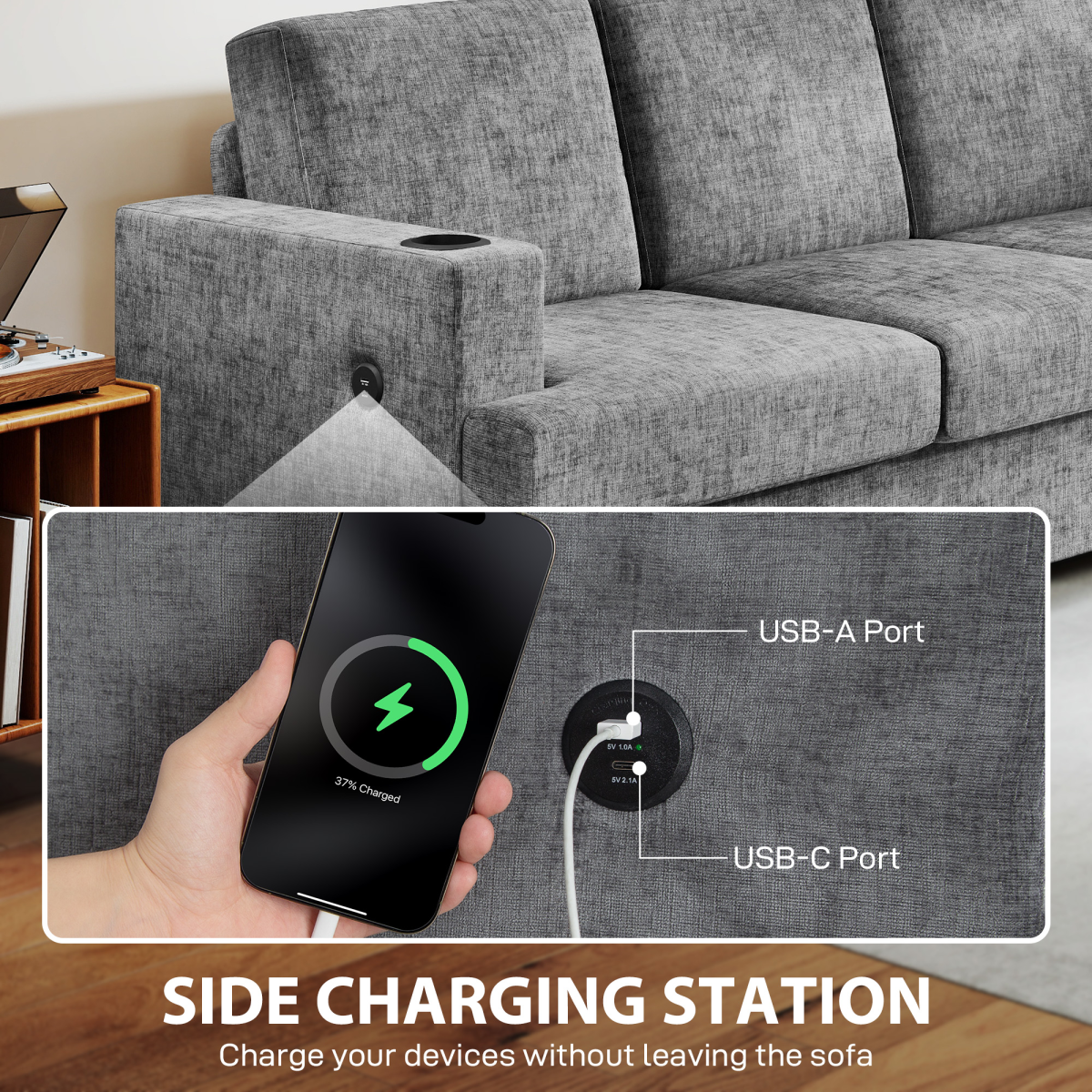 Homcom Sofa 3 Seater Gray With USB Ports Cup Holders Home - HOMCOM - Home Symphony