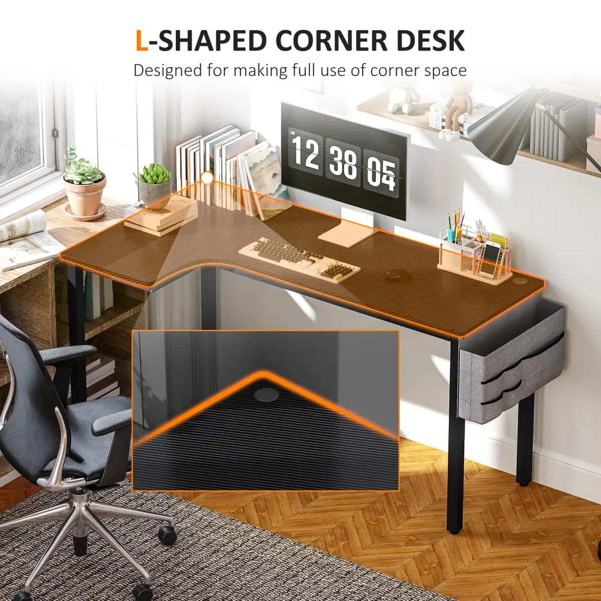 HOMCOM HOMCOM L-Shaped Corner Desk Computer with Fabric Bag and Hooks, Black - Desk