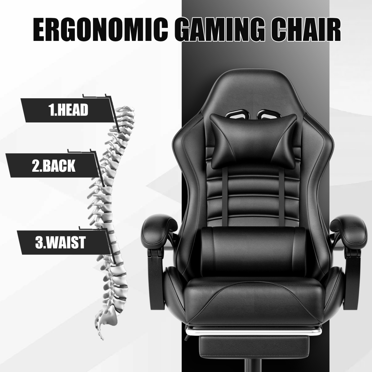 Premium Gaming Chair High Back Adjustable Lumbar For Gamers by Home Symphony, black PU leather ergonomic chair.