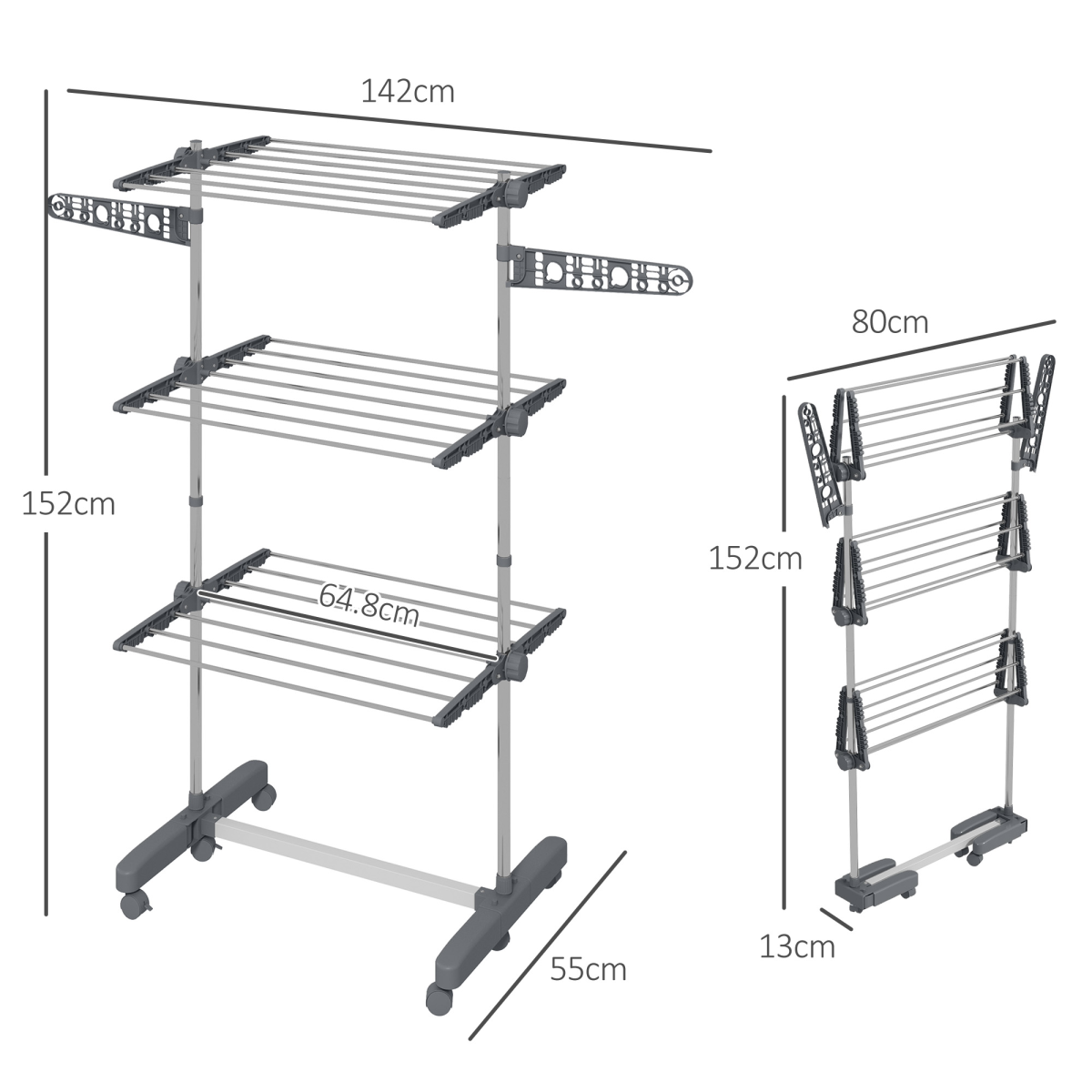 HOMCOM 3 Tier Large Clothes Airer 64.8cm Wheeled For Home - HOMCOM - Home Symphony