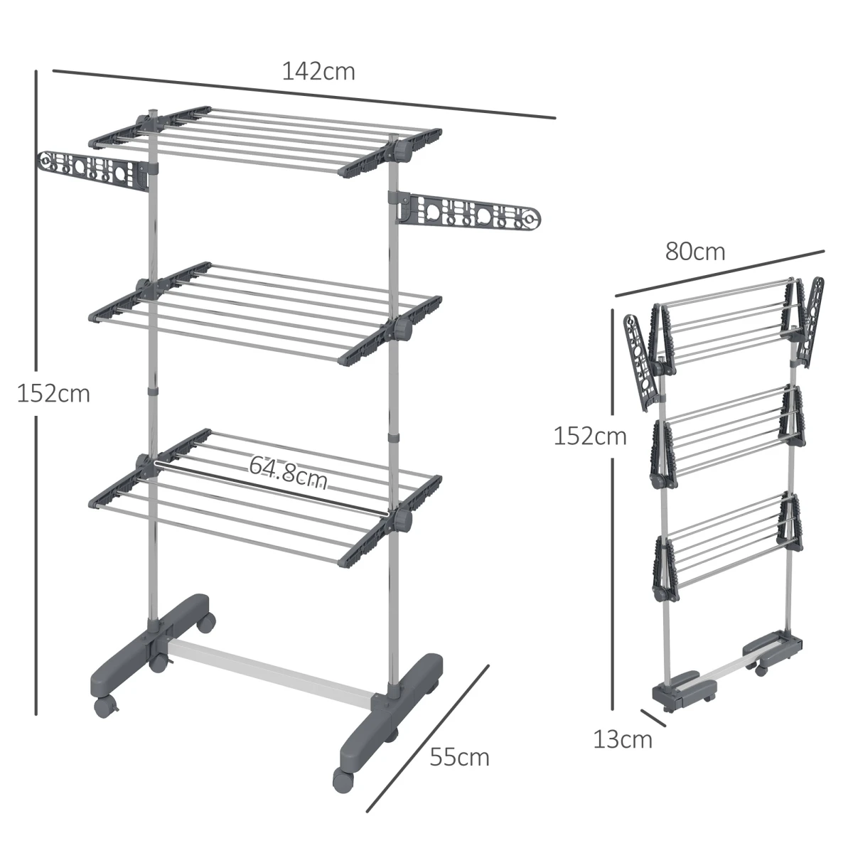 HOMCOM 3 Tier Large Clothes Airer 64.8cm Wheeled For Home by HOMCOM
