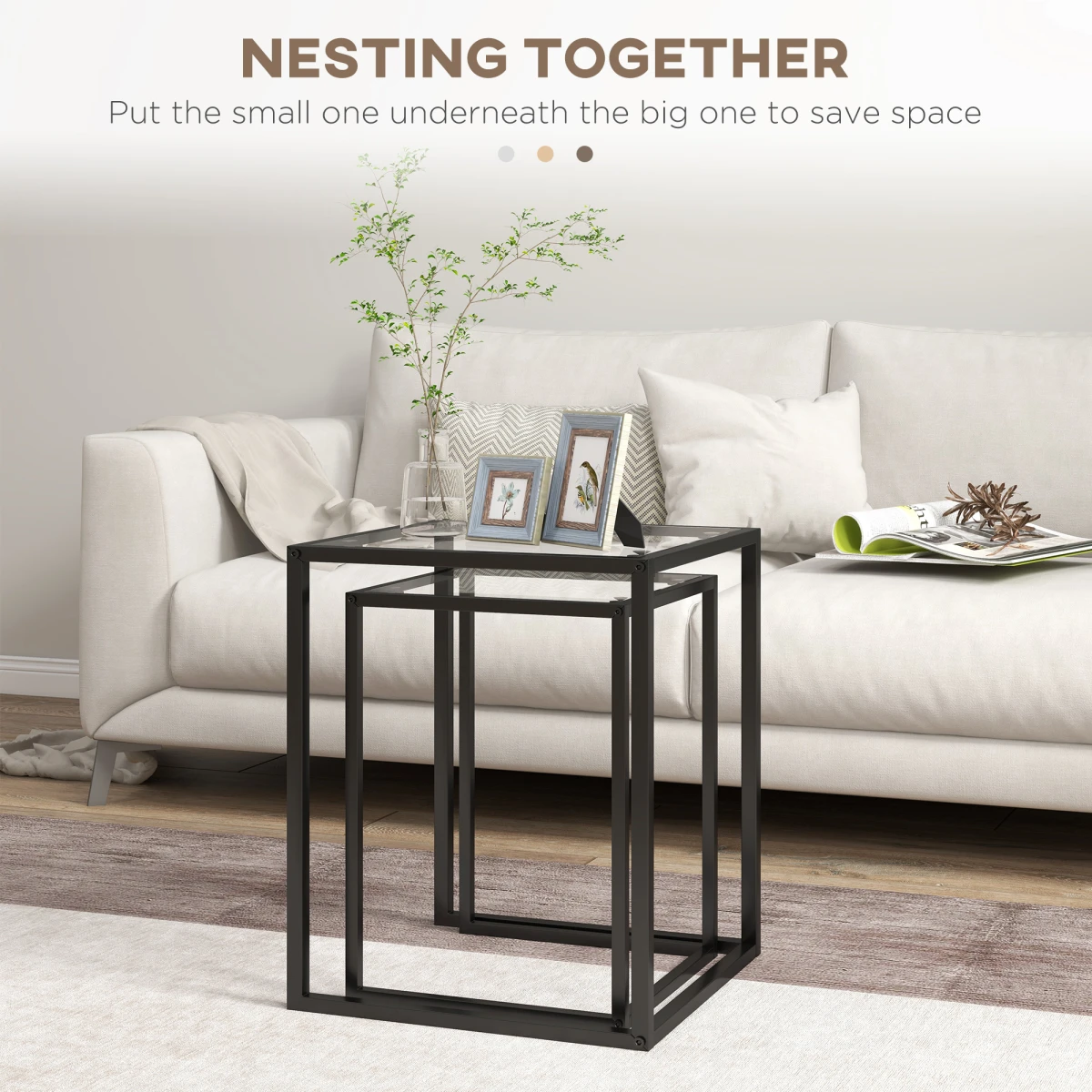 HOMCOM Nesting Tables 2 Tempered Glass Home by HOMCOM