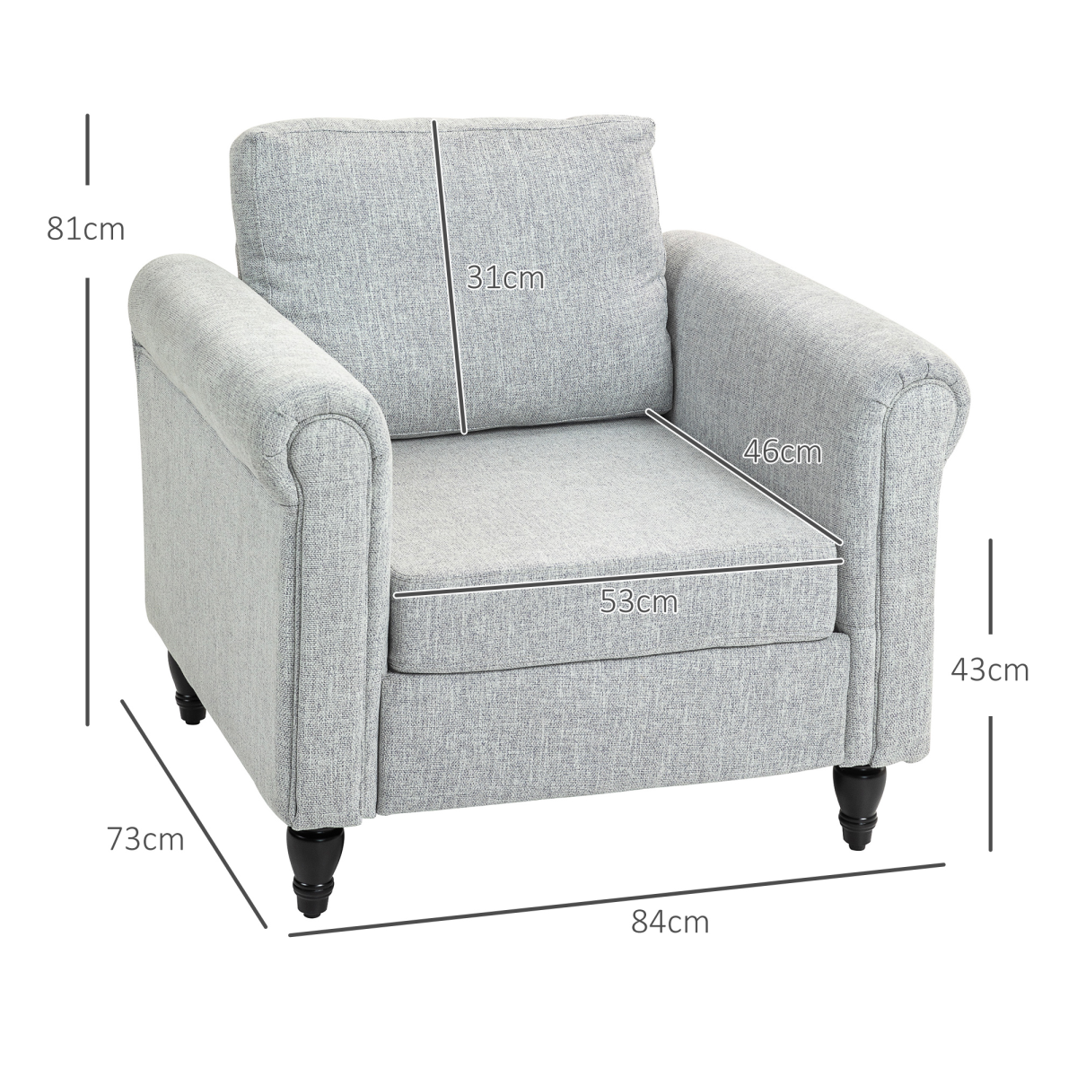 HOMCOM vintage chenille armchair in light grey with foam-padded seat and classic silhouette; 84 W x 73 D x 81 H cm