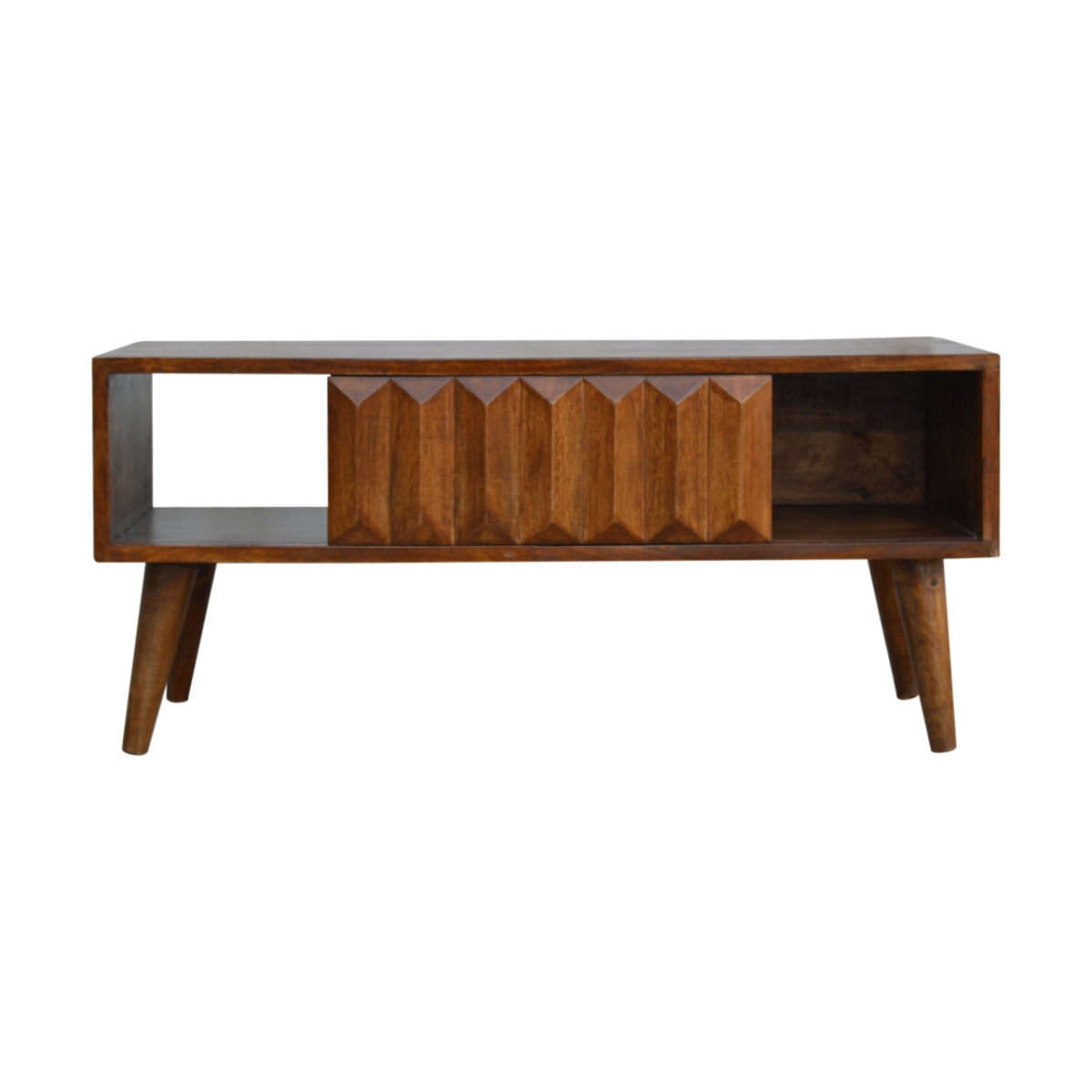 Artisan media console 120cm in warm chestnut mango wood with a Prism Door, open slots, tapered legs.