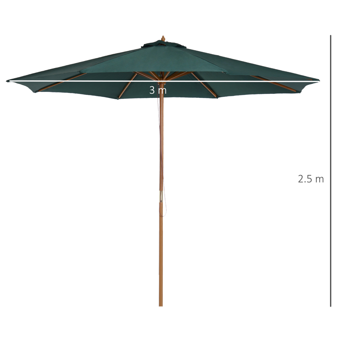 Outsunny Outsunny Wooden Garden Parasol with Rope Pulley Mechanism and 8 Ribs Dark Green - Parasol