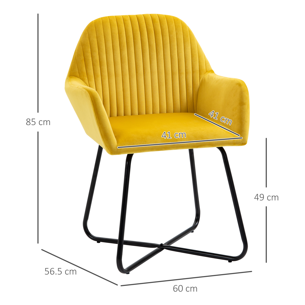 Modern 28In wide velvet armchair with yellow upholstery, cushioned seat, back lines, and black metal sled legs