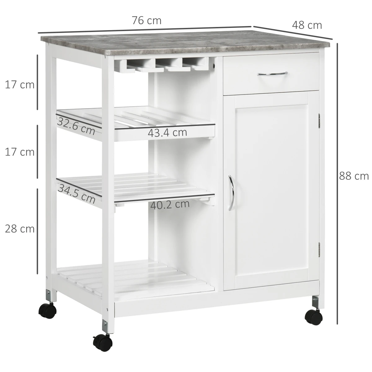 HOMCOM Kitchen Trolley Utility Cart on Wheels with Wine Rack, Drawer, Open Shelf White - Wine Rack