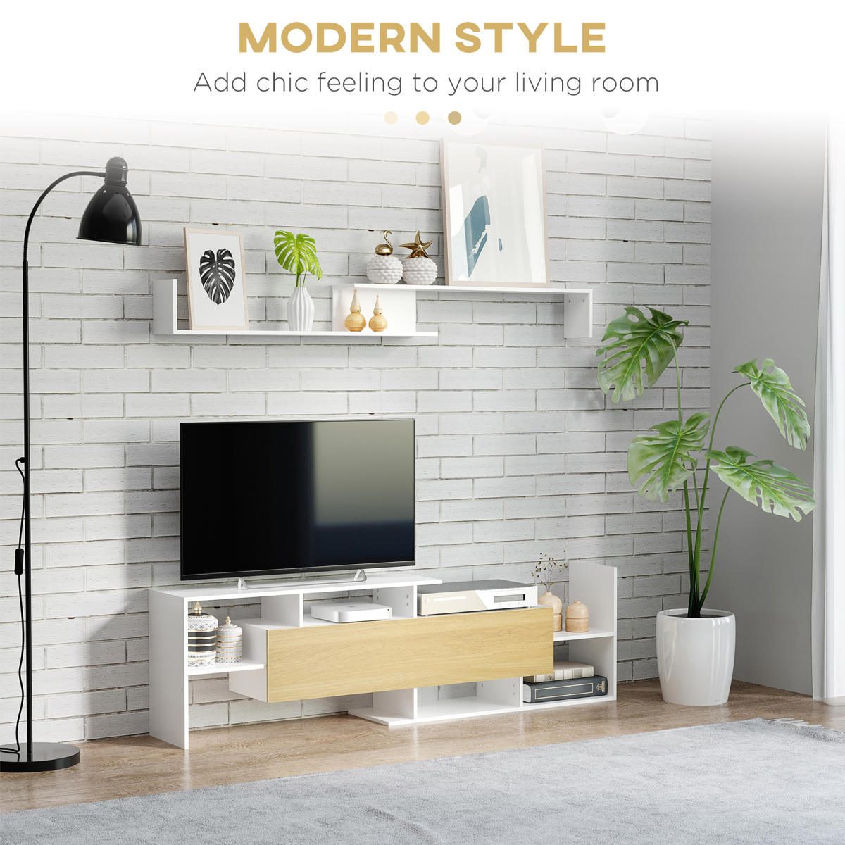 HOMCOM white two-piece TV cabinet with floating shelf, 65-inch TV ready for a modern living room.