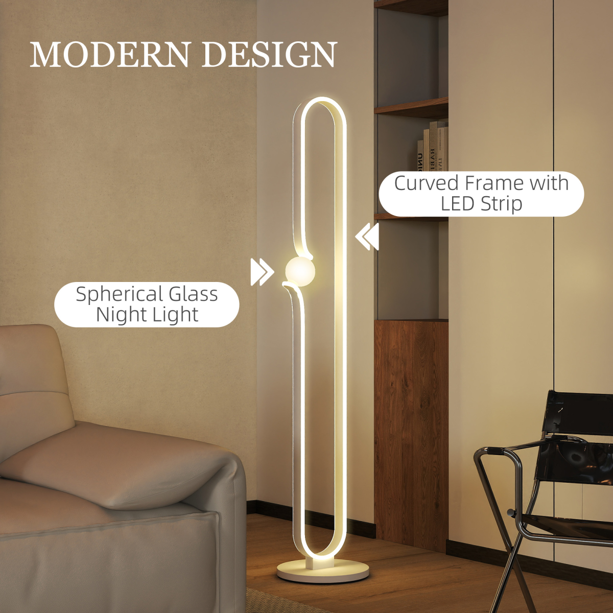 Stylish HOMCOM Dimmable LED Floor Lamp with Glass Night Light, Foot Switch, White, enhances any modern living space.
