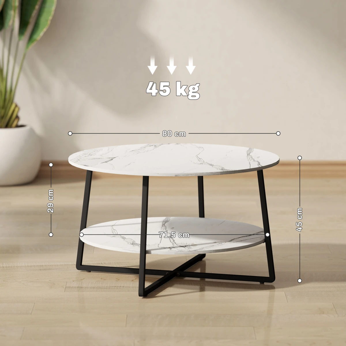HOMCOM HOMCOM Round Coffee Table 90 cm Diameter Marble Effect Top Storage Shelf Two Tier Ideal for Living Rooms - Coffee Table