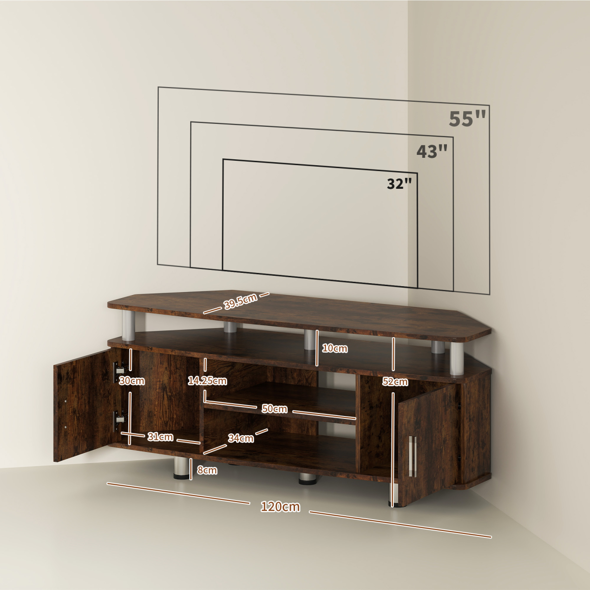 HOMCOM 120cm TV unit in rustic brown with a top shelf for TV, plus two cupboards and two middle shelves.