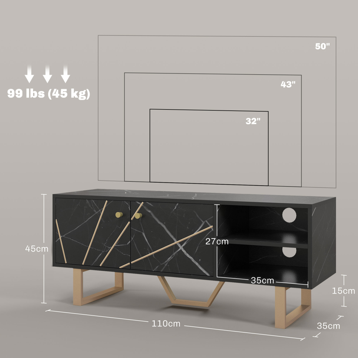 HOMCOM TV unit in black marble with storage: two-door cupboard, open shelves, cable holes, gold legs.
