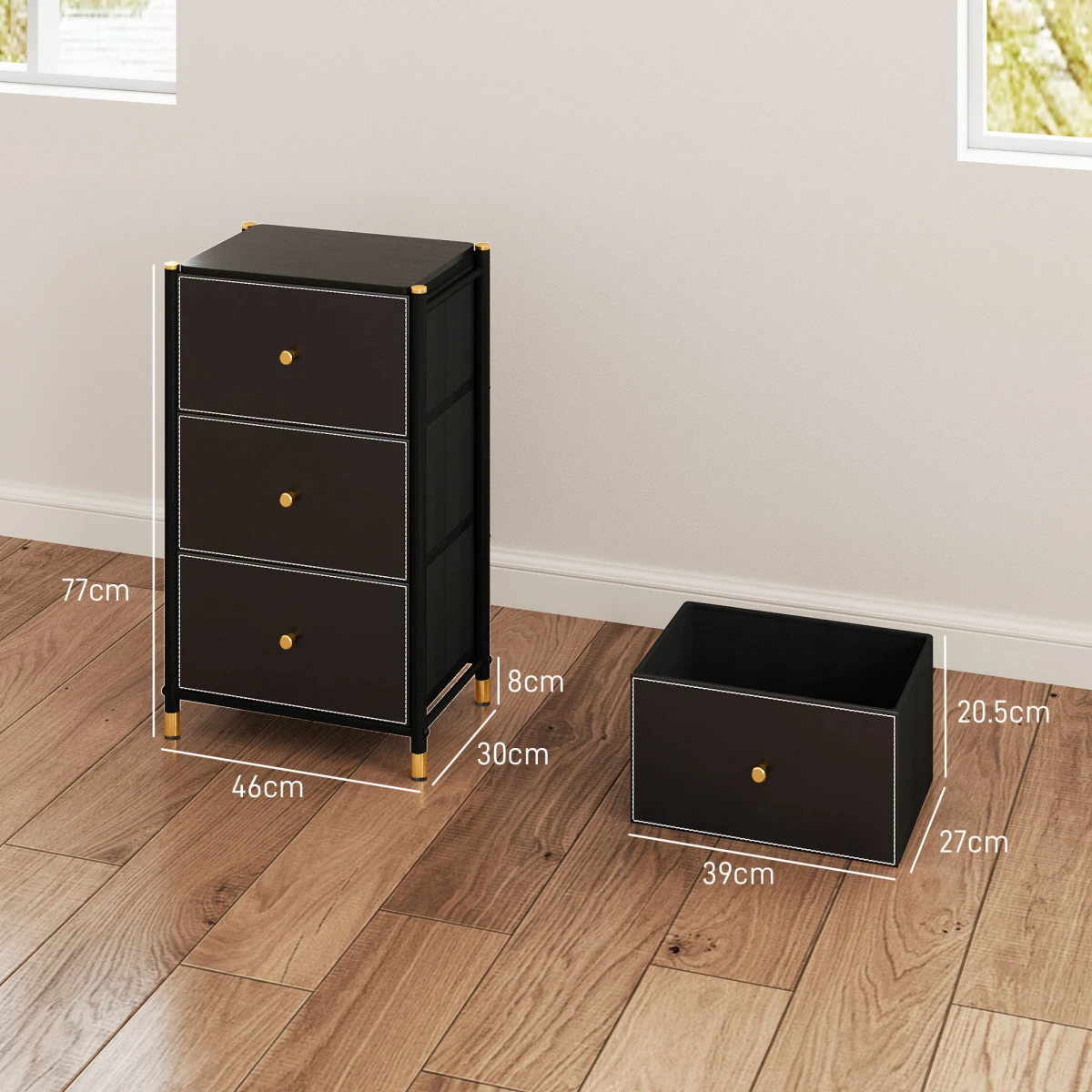HOMCOM HOMCOM Three-Drawer Chest Faux Leather Fronts Gold Accents For Bedroom And Living Room - Chest of Drawers