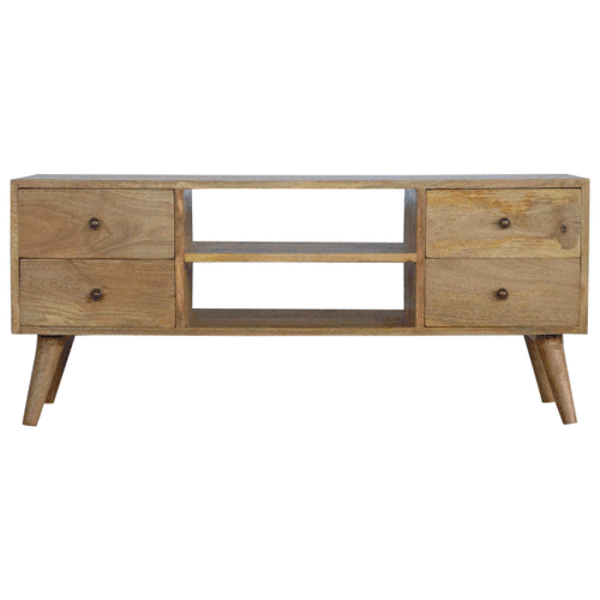 Artisan solid wood Nordic TV console with four drawers and open center shelving in natural finish.