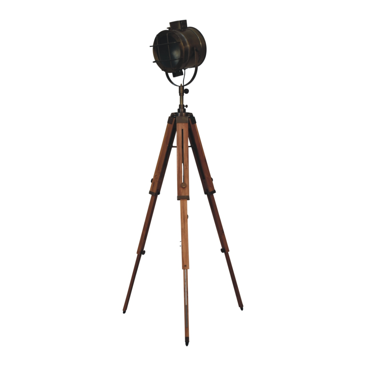 Trendy Artisan Furniture Home Decor Accessories - Caged Brass Spotlight Floor Lamp with natural wood tripod legs.