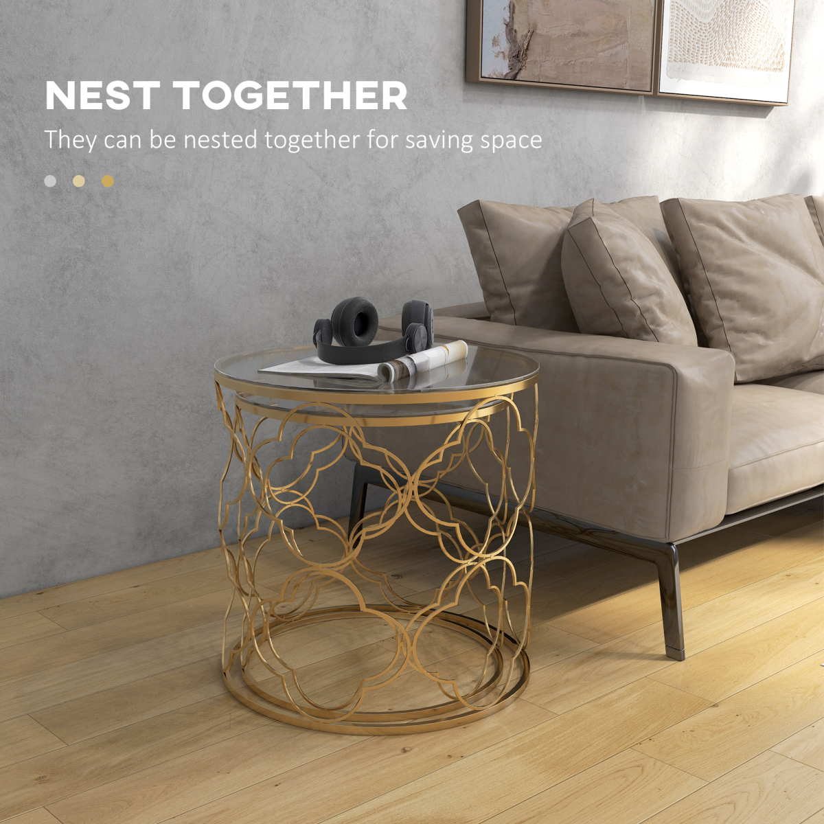 HOMCOM Nesting Tables Two Piece Glass Top Gold Tone For Modern Living Room Decor - HOMCOM - Home Symphony