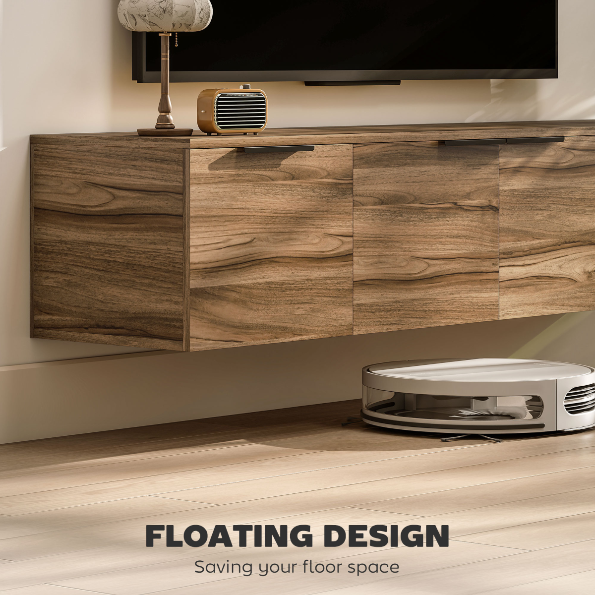 Floating 65in TV stand in Rustic Brown Den with wall-mounted cabinets and space for AV gear beneath a TV.