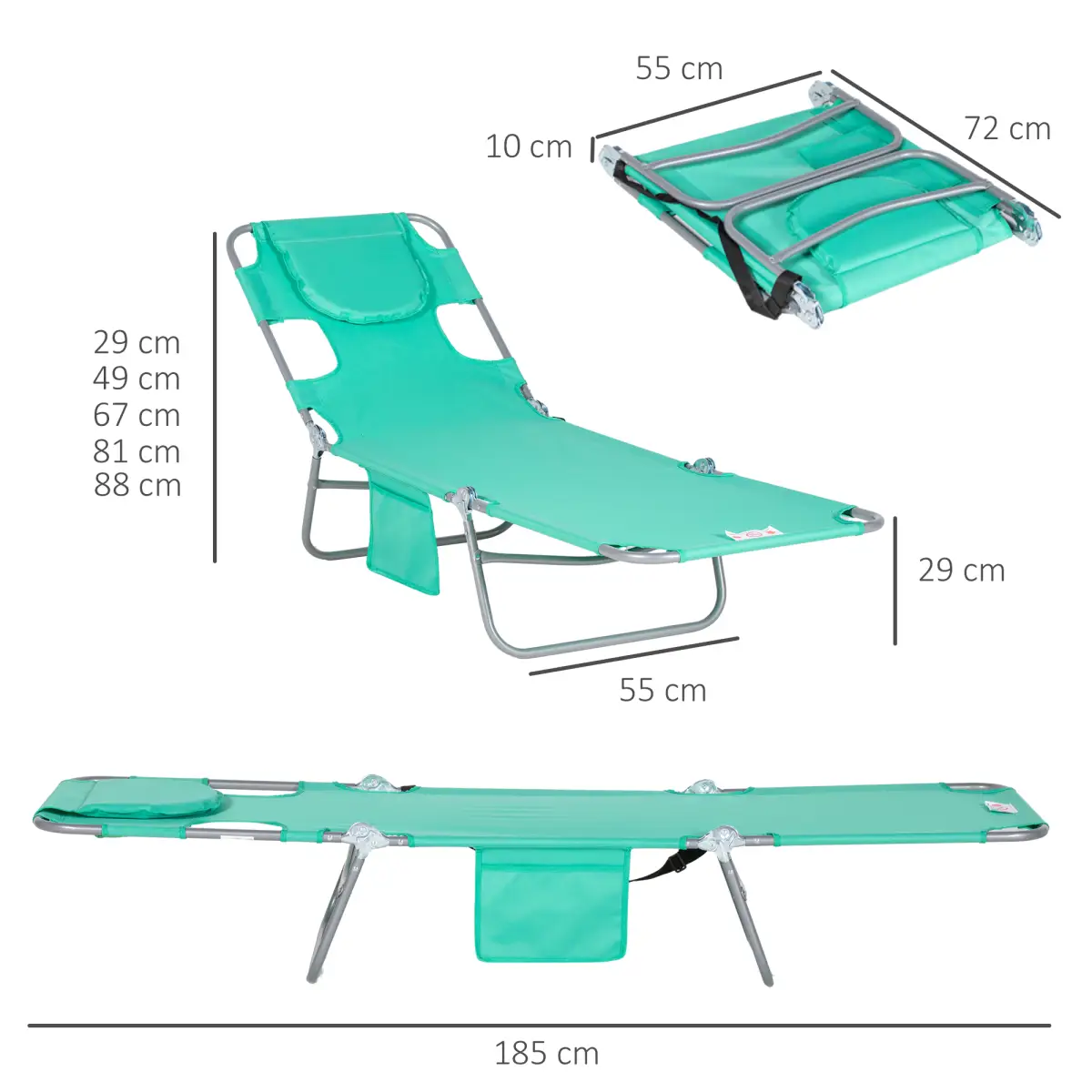 Outsunny Reclining Lounge Chair Face Cavity with Pillow Green - Sun Lounger