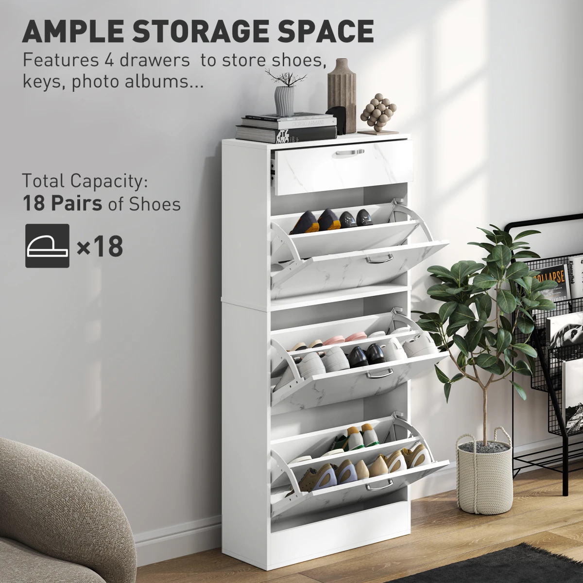 HOMCOM HOMCOM Shoe Cabinet w/ 4 Drawers Shoe Storage Organiser for 18 Pairs Black -