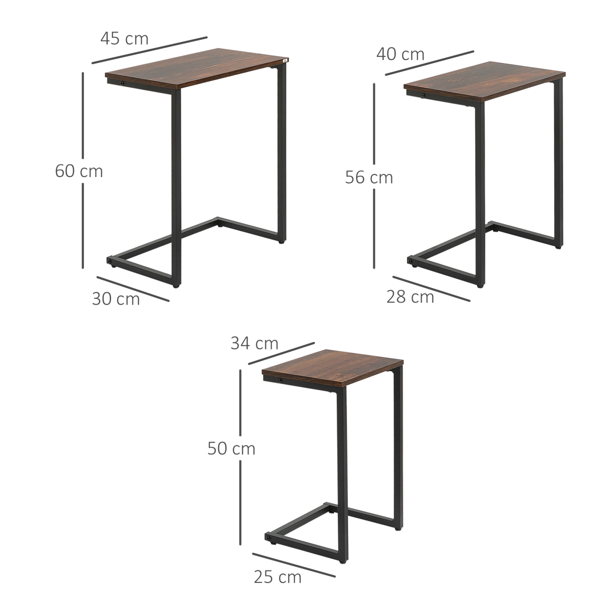 HOMCOM C Shaped Nesting Tables Set of 3 Small Medium Large Rustic Brown Steel Frame Space Saving Living Room End Tables - HOMCOM - Home Symphony